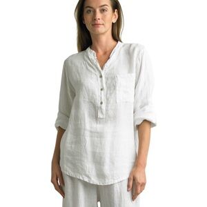 Tempo Paris White Linen Henley Blouse Roll Tab Sleeve Made in Italy S/M